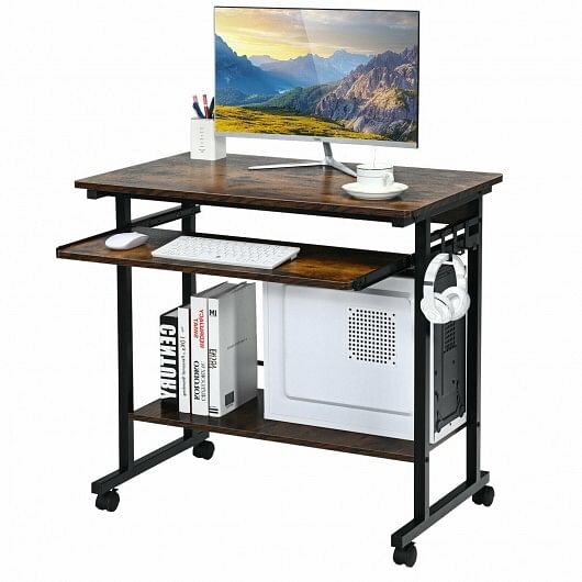 Home Office Computer Desk Cart with Pull-out Keyboard Tray-Rustic Brown