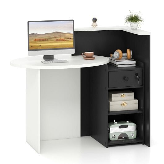 Front Reception Office Desk with Open Shelf and Drawer-Black & White