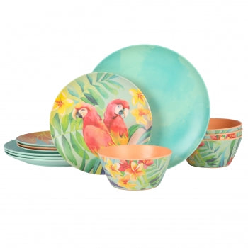 Tropical Parrots 12 Piece Melamine Dinnerware Set in Assorted Designs