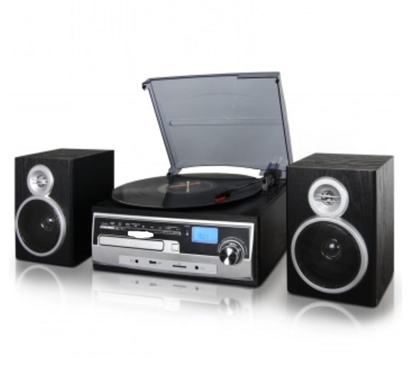 3-Speed Vinyl Turntable Home Stereo System with CD Player, FM Radio, Bluetooth, USB/SD Recording and Wired Shelf Speakers