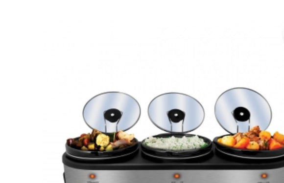 Triple 2.5 Quart Slow Cooker and Buffet Server in Brushed Silver and Black Finish with 3 Ceramic Cooking Pots and Removable Lid Rests