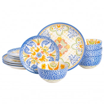 Tile 12 Piece Round Stoneware Dinnerware Set in Assorted Designs