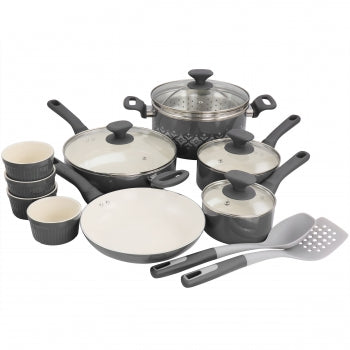 Savory Saffron 16 Piece Ceramic Nonstick Cookware Set in Grey