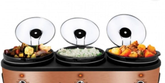 Triple 2.5 Quart Slow Cooker and Buffet Server in Brushed Copper and Black Finish with 3 Ceramic Cooking Pots and Removable Lid Rests
