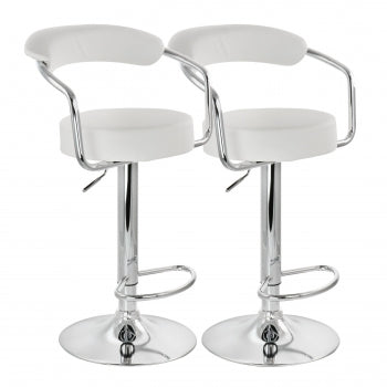2 Piece Faux Leather Adjustable Bar Stool in White with Chrome Base