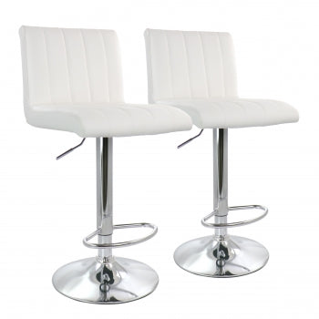 2 Piece Tufted Faux Leather Adjustable Bar Stool in White with Chromed Base
