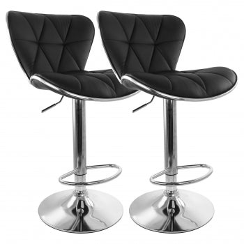 2 Piece Diamond Tufted Faux Leather Adjustable Bar Stool in Black with Chrome Trim and Base