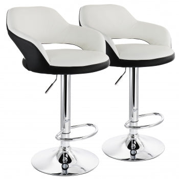 2 Piece Adjustable Faux Leather Bar Stool in White with Black Trim and Chrome Base