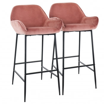 2 Piece Velvet Bar Stool in Blush Pink with Black Legs