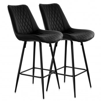 2 Piece Diamond Stitched Faux Leather Bar Chair in Black with Metal Legs