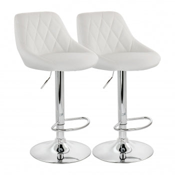 2 Piece Diamond Stitched Faux Leather Bar Stool in White with Chrome Base  and Adjustable Height
