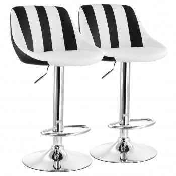 2 Piece Adjustable Faux Leather Bar Stool in Striped Black and White with Chrome Base