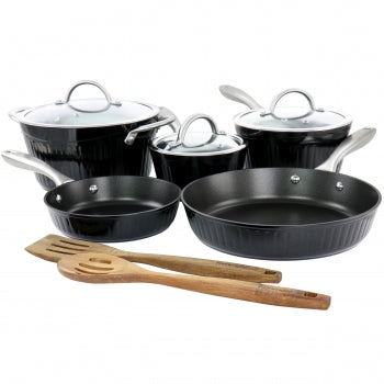 10 Piece Aluminum Nonstick Cookware Set in Black with Wood Utensils