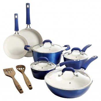 12 Piece Aluminum Ceramic Coated Nonstick Cookware Set in Metallic Blue