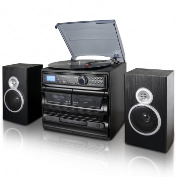 3-Speed Vinyl Turntable Home Stereo System with CD Player, Dual Cassette Player, Bluetooth, FM Radio & USB/SD Recording and Wired Shelf Speakers