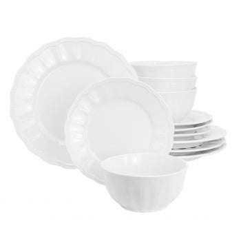 Ultra Durable 12 Piece Fine Ceramic Embossed Dinnerware Set in White