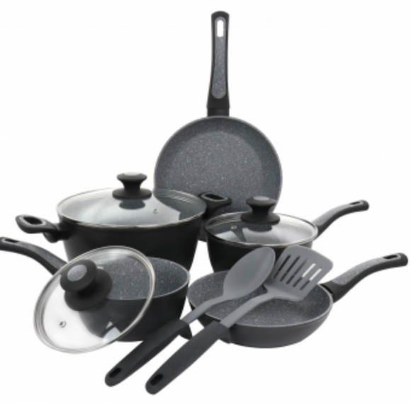 10 Piece Non-Stick Aluminum Cookware Set in Black and Grey Speckle