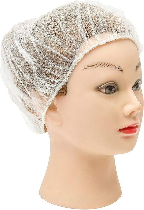 White Bouffant Caps 21 Inch. Pack of 100 Non Woven Hair Caps with Elastic Band. Breathable Disposable Polypropylene Hats. Unisex Protective Hair Covers for Food Service