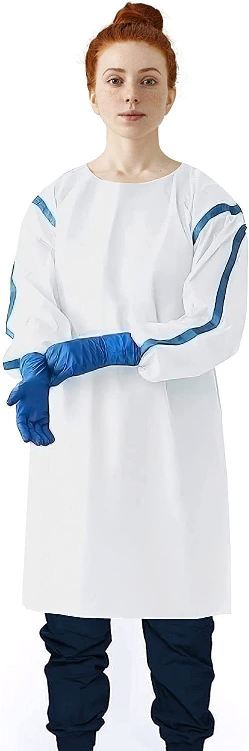 Disposable Isolation Gown, Medium. Pack of 5 White PPE Gowns Disposable. 35 GSM SMS Medical Disposable Gowns with Sleeves. Medical Isolation Gowns Disposable with Tie Back, Elastic Wrists