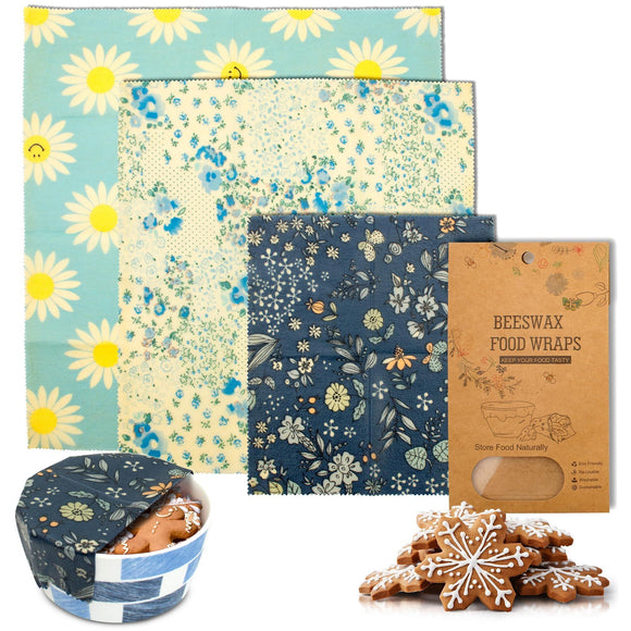 Reusable Wrap S, M, L. Pack of 3 Food Wraps with Flower Print. Washable Reusable Food Wrap for Sandwiches, Dough Covering. Organic Wraps for Food Reusable. Sandwich Wrap