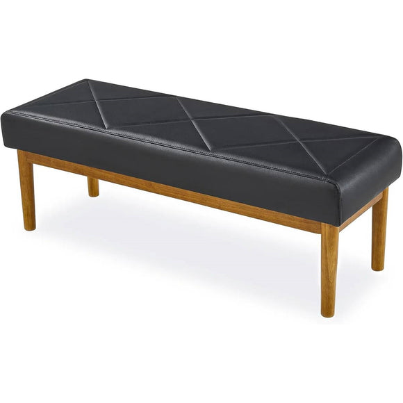 Modern Black Faux Leather Bench with Wood Legs - Bedroom Entryway Living Room