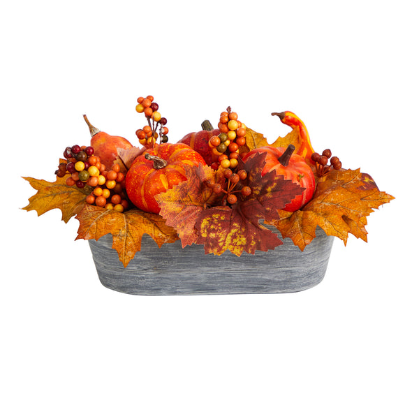 12” Fall Pumpkin and Berries Autumn Harvest Artificial Arrangement in Washed Vase