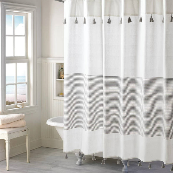 72-inch Grey and White Stripes Cotton Shower Curtain with Tassels