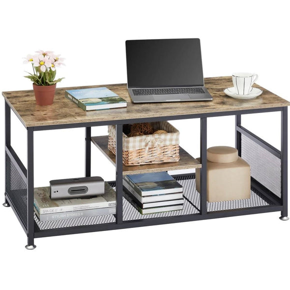 Modern Industrial Metal Grey Wood Coffee Table with Bottom Storage Shelves