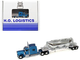 Peterbilt 389 Truck Tractor with Sleeper Cab Blue Metallic and Pneumatic Tank Trailer Chrome Combo Set 1/87 (HO) Plastic Model