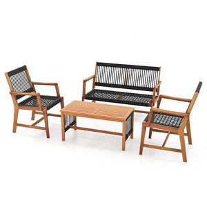4 Pieces Acacia Wood Patio Conversation Table and Chair Set with Hand Woven Rope