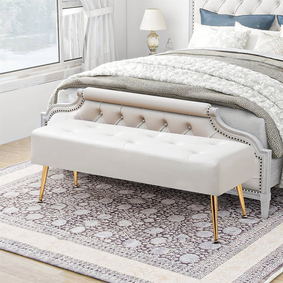 Modern Bed Bench Ottoman with White Ivory PU Leather Seat and Gold Metal Legs
