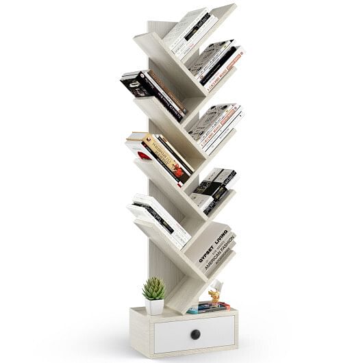 10-Tier Tree Bookshelf with Drawer and Anti-Tipping Kit-Brown