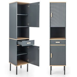 Free-Standing Bathroom Cabinet Narrow Linen with Doors and Drawer-Gray