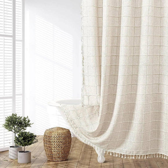72-inch Farmhouse Beige Cotton Linen Blend Shower Curtain with Boho Tassels
