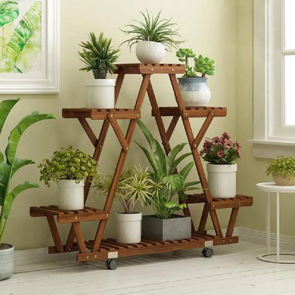 Indoor Outdoor Solid Wood Triangular Multi-Tier Plant Stand with Locking Wheels