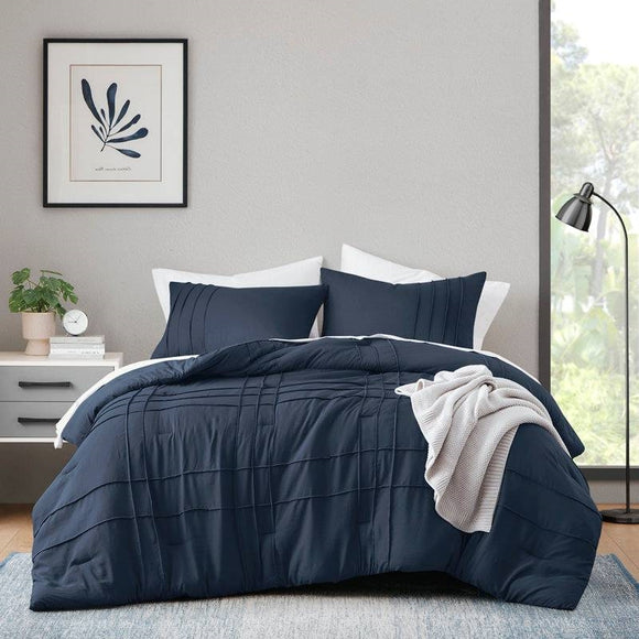 King Size Navy Blue Microfiber Pleated Bohemian Style Pre-Washed Comforter Set