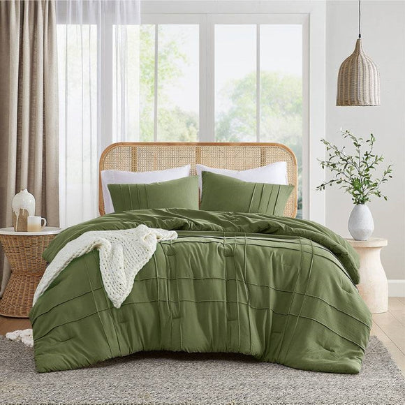 King size Microfiber Pleated Soft Lightweight Comforter Set in Olive Green