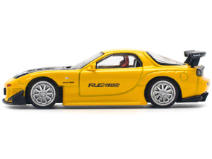 Mazda RX7 (FD) "RE Amemiya" Widebody RHD (Right Hand Drive) Yellow with Carbon Hood 1/64 Diecast Model Car by Pop Race