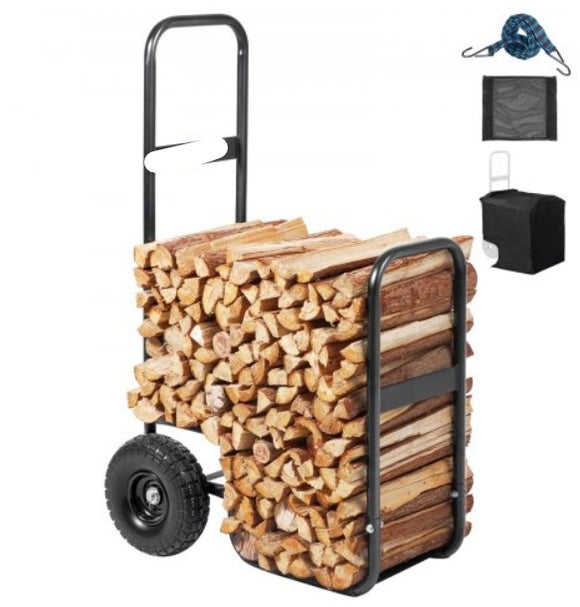 Firewood Log Cart, 250 lbs Capacity, Outdoor and Indoor Wood Rack Storage Mover with PU Wheels & Waterproof Cloth, Heavy Duty Steel Dolly Hauler, Firewood Carrier for Fireplace, Fire Pit, Black