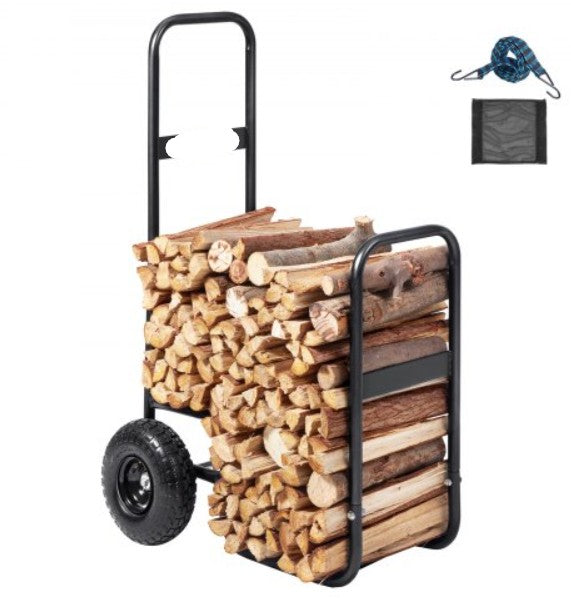 Firewood Log Cart, 250 lbs Load Capacity, Outdoor and Indoor Wood Rack Storage Mover with Pneumatic Rubber Wheels, Heavy Duty Steel Dolly Hauler, Firewood Carrier for Fireplace, Fire Pit, Black