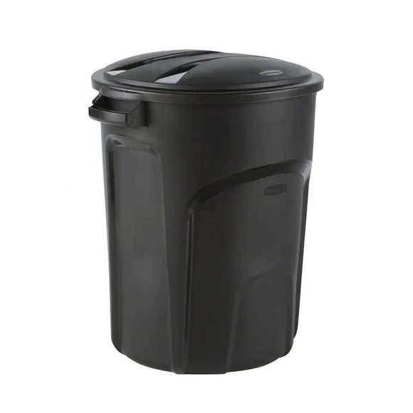32-Gallon Black Plastic Indoor Outdoor Trash Can with Lid - Made in USA