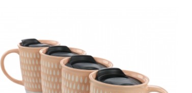 Teardrop 4 Piece 15 Ounce Stoneware and Stainless Steel Travel Mug Set with Lid in Peach