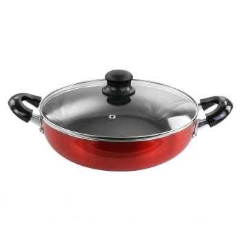 10 Inch Red Aluminum Deep Frying Pan with Glass Lid