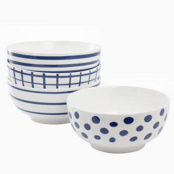 Home 4 Piece 6 Inch Round Fine Ceramic Bowls Set in Assorted Blue
