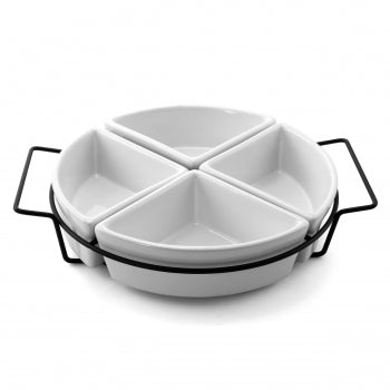 Fine Ceramic Dining Four Section Tray Set with Metal Rack in White