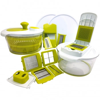 10-in-1 Multi-Use Salad Spinning Slicer, Dicer and Chopper with Interchangeable Blades and Storage Lids