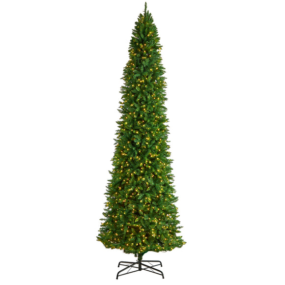 12’ Slim Green Mountain Pine Artificial Tree with 1100 Clear LED Lights and 3235 Tips