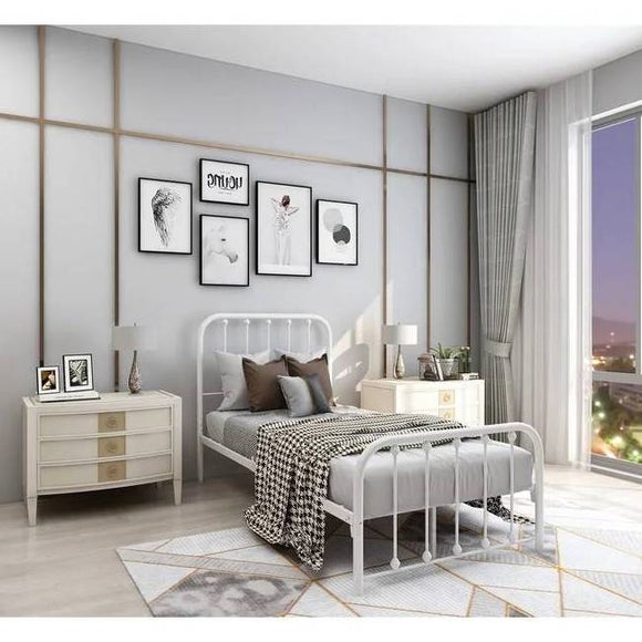 Twin White Metal Bed Frame with Slatted Rounded Corners Headboard and Footboard