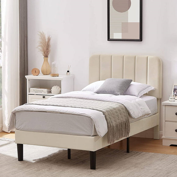 Twin size Beige Upholstered Platform Bed Frame with Headboard