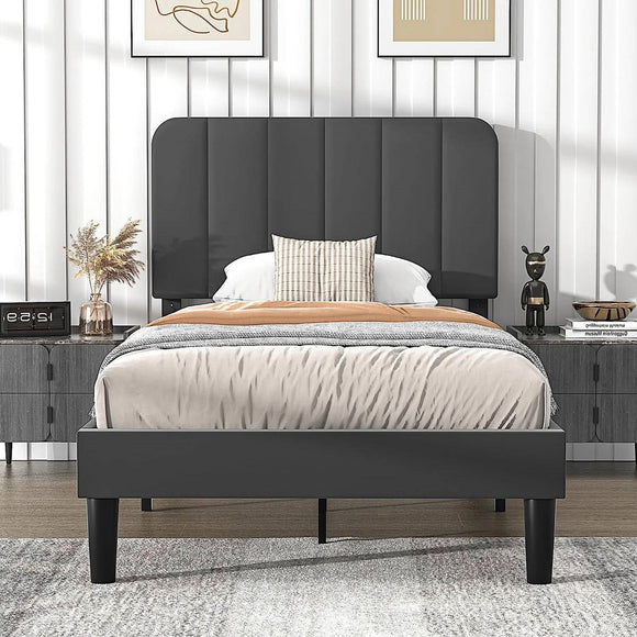 Twin size Dark Grey Upholstered Platform Bed Frame with Headboard